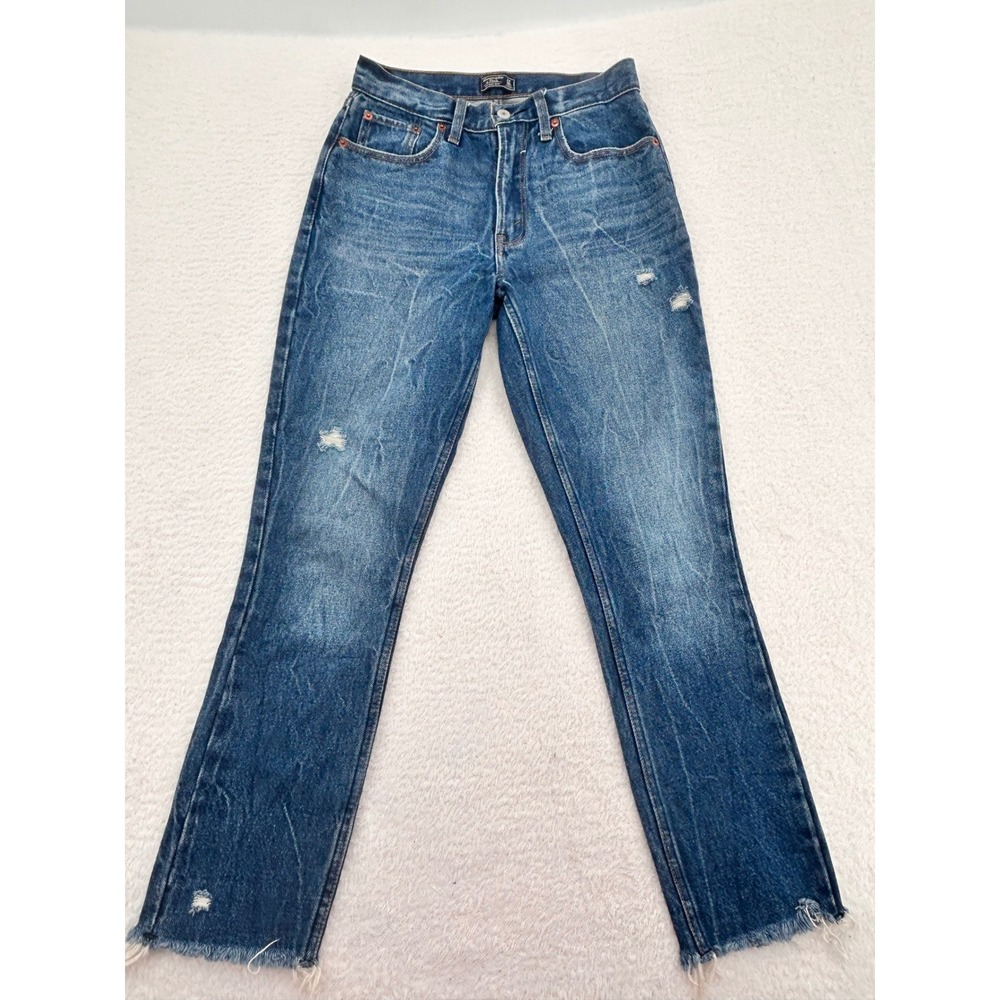 Abercrombie & Fitch Mom Jean 24 Medium Wash High Rise Distressed Raw Hem Blue